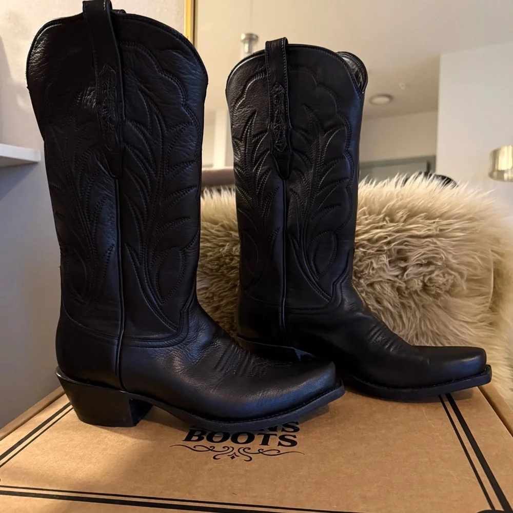 Burns 1876 Black Cowboy Boot Goat Leather Mad Dog Winn Stitching 13” - 7.5 C - Picture 2 of 12